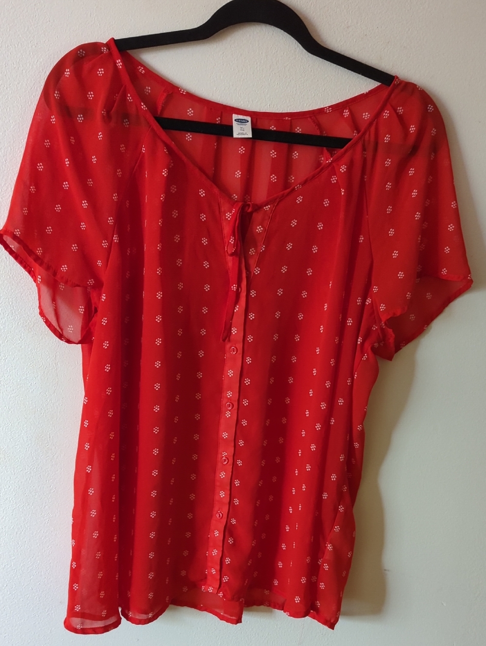 Old Navy Red Sheer Button-Front Blouse with White Dot Pattern XL